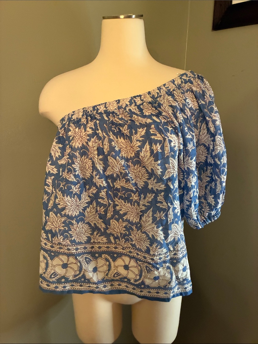 Velvet by Graham & Spencer Blue and White One-Shoulder Floral Blouse